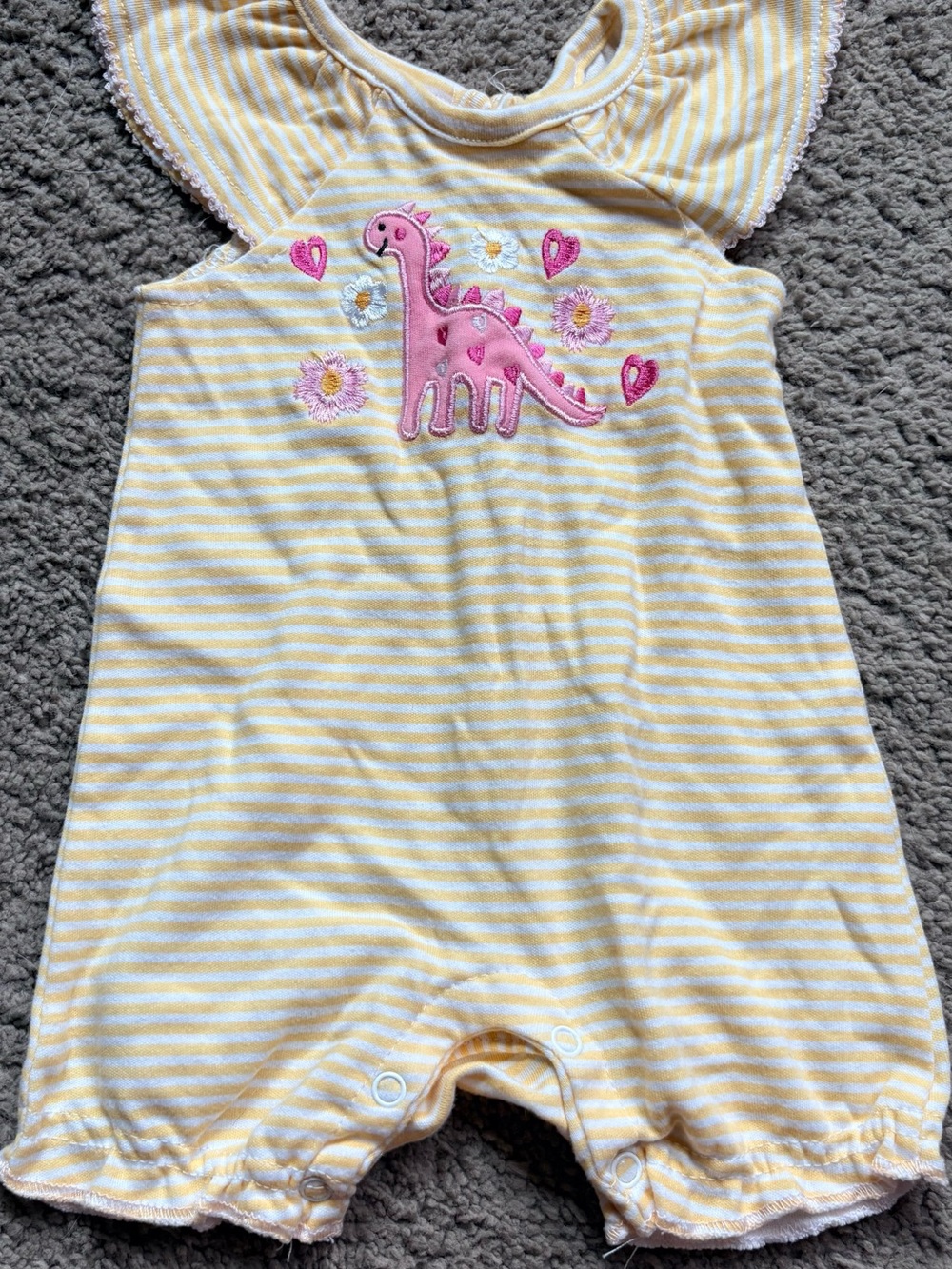 Yellow Striped Baby Romper with Pink Dino Applique 3-6M
